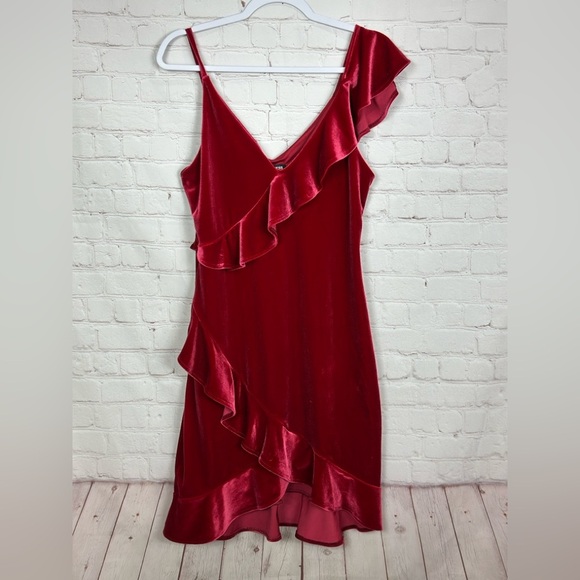Express Dresses & Skirts - Express red‎ ruffle sleeveless velvet dress party Holiday Christmas hoco, sz M
